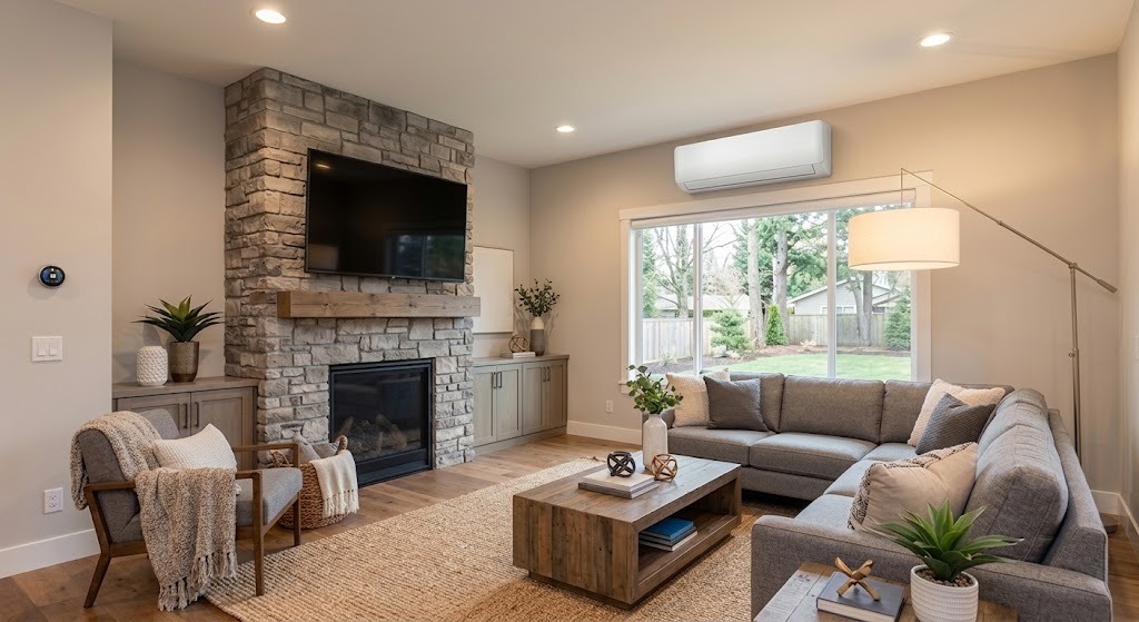Mini split above a sliding door in a bright living room
